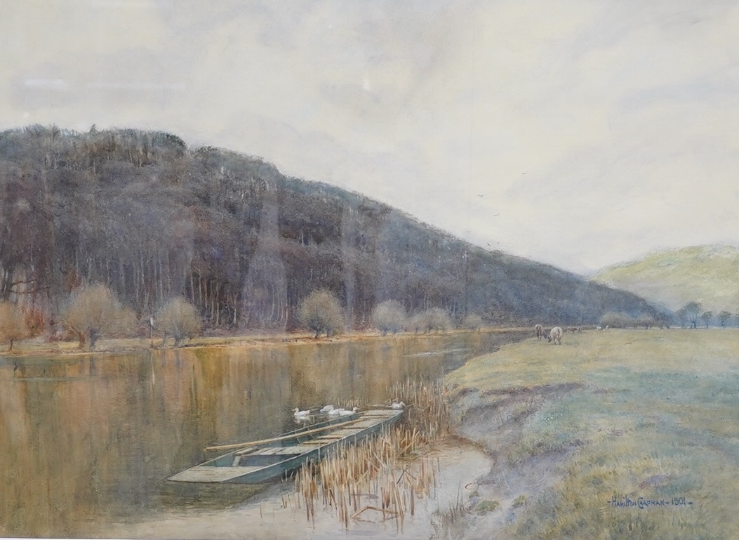 R. Hamilton Chapman (act.1881-1923), watercolour, Riverscape with boat, signed and dated 1901, 54 x 72cm. Condition - fair to good